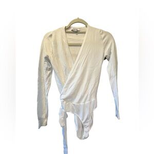 Olivaceous White Faux Wrap V-Neck Bodysuit